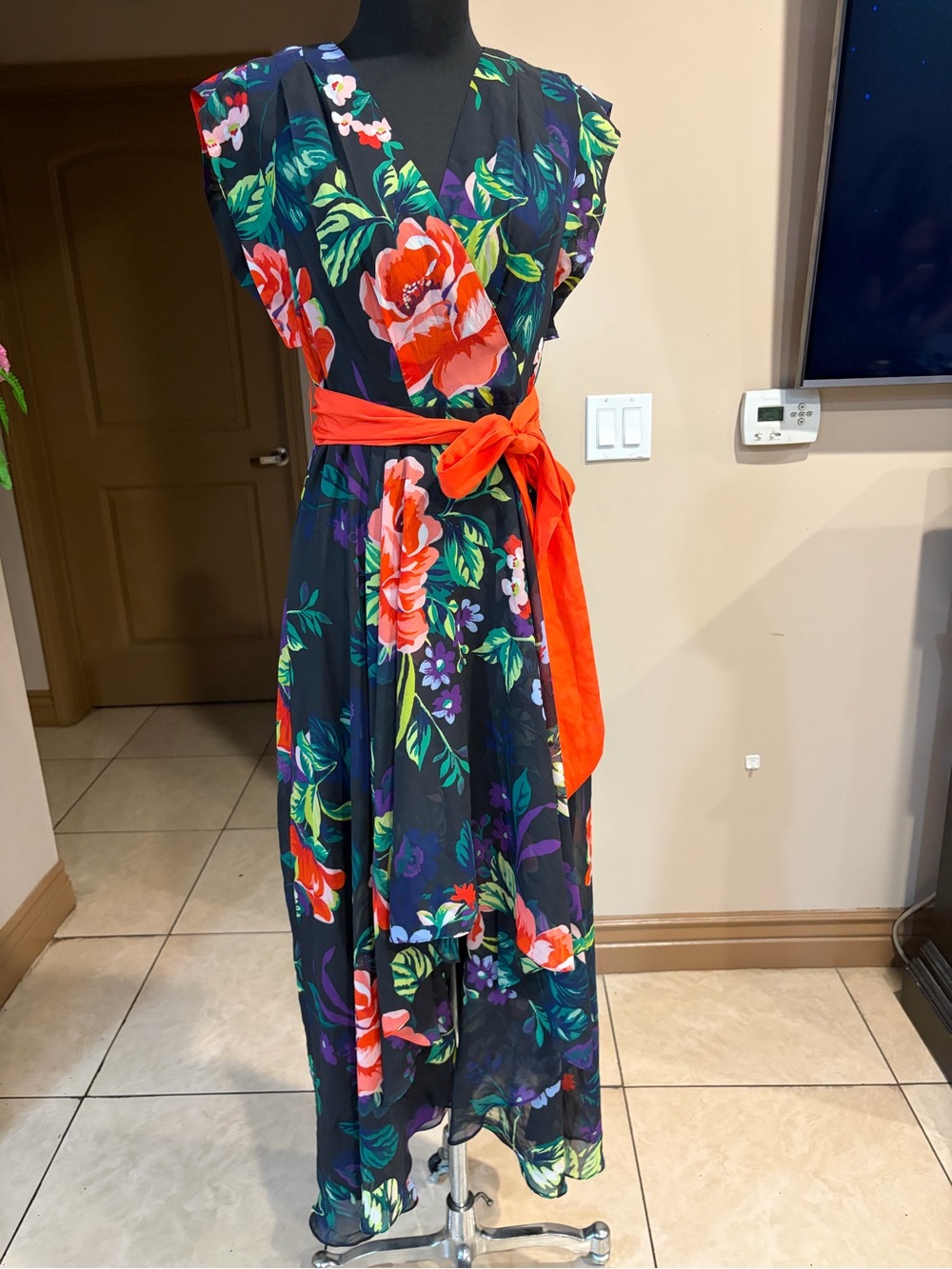 INC International Concepts Black Floral Maxi Dress with Orange Sash